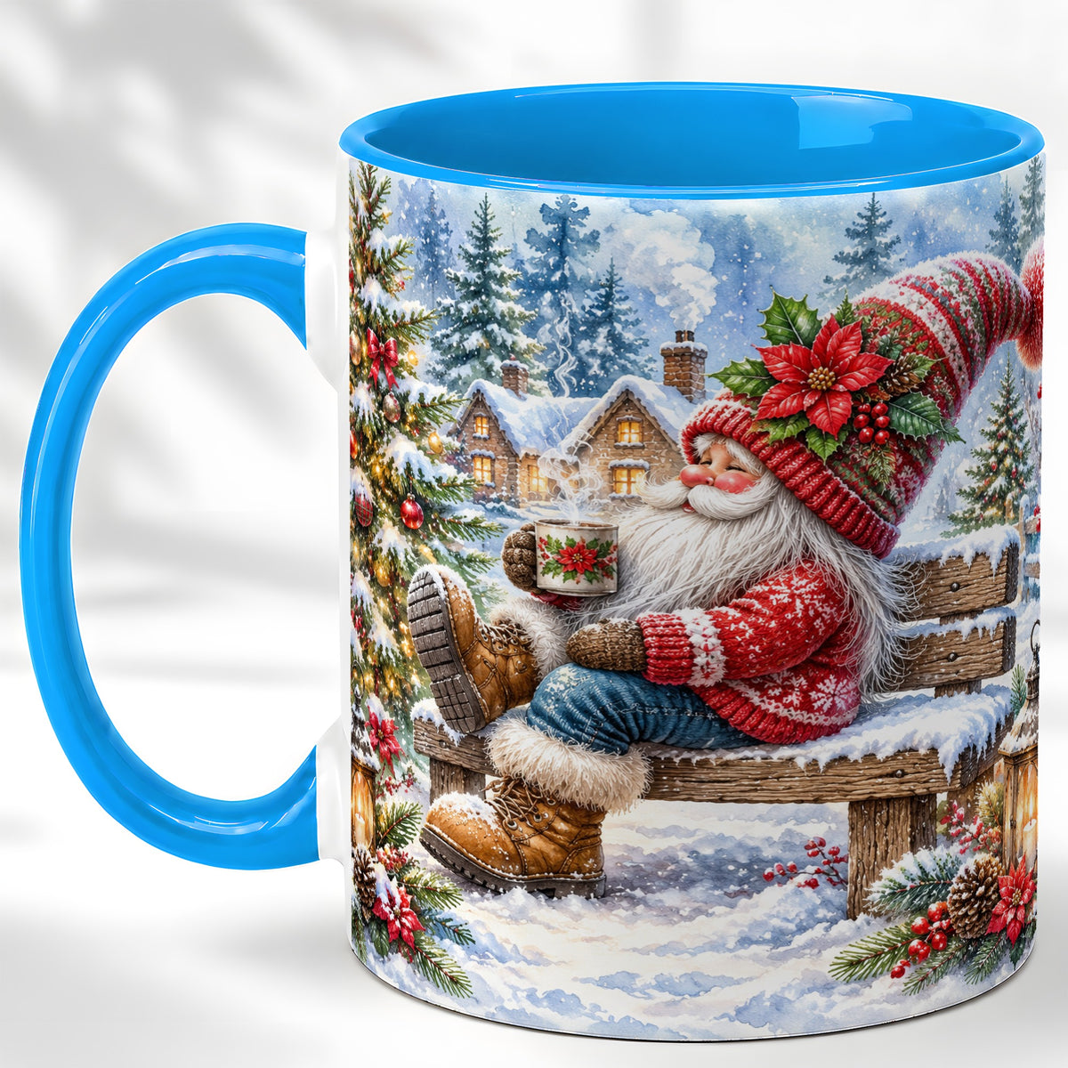 #pl[11oz|Blue] Watercolor Santa Coffee Mug, Snowy Holiday Mug, Ceramic Cup