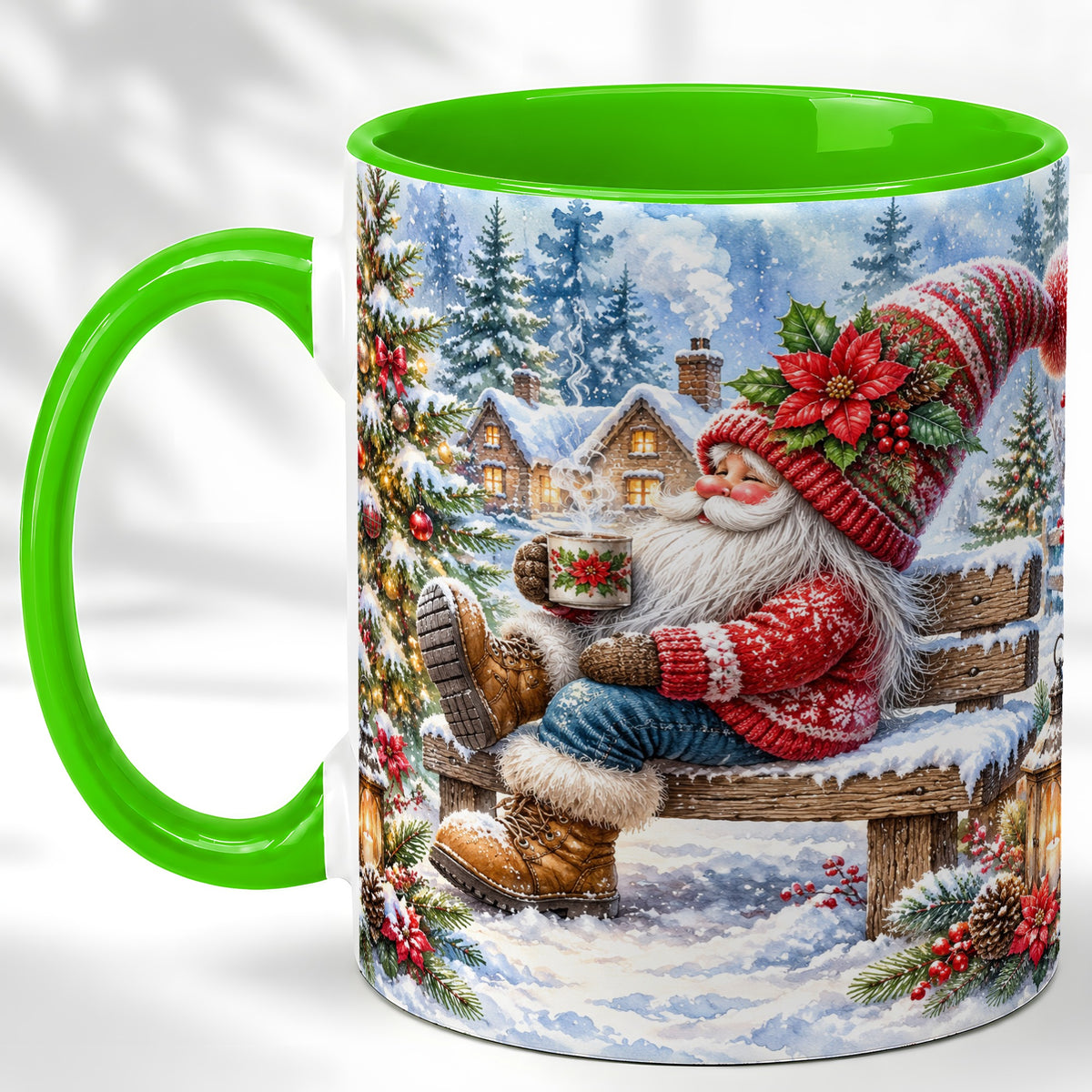 #pl[11oz|Green] Watercolor Santa Coffee Mug, Snowy Holiday Mug, Ceramic Cup