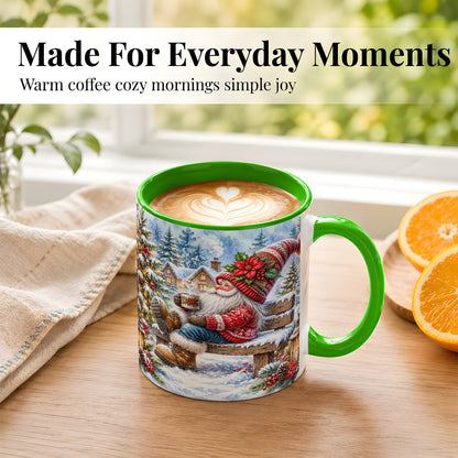 #pl[11oz|Green] Watercolor Santa Coffee Mug, Snowy Holiday Mug, Ceramic Cup