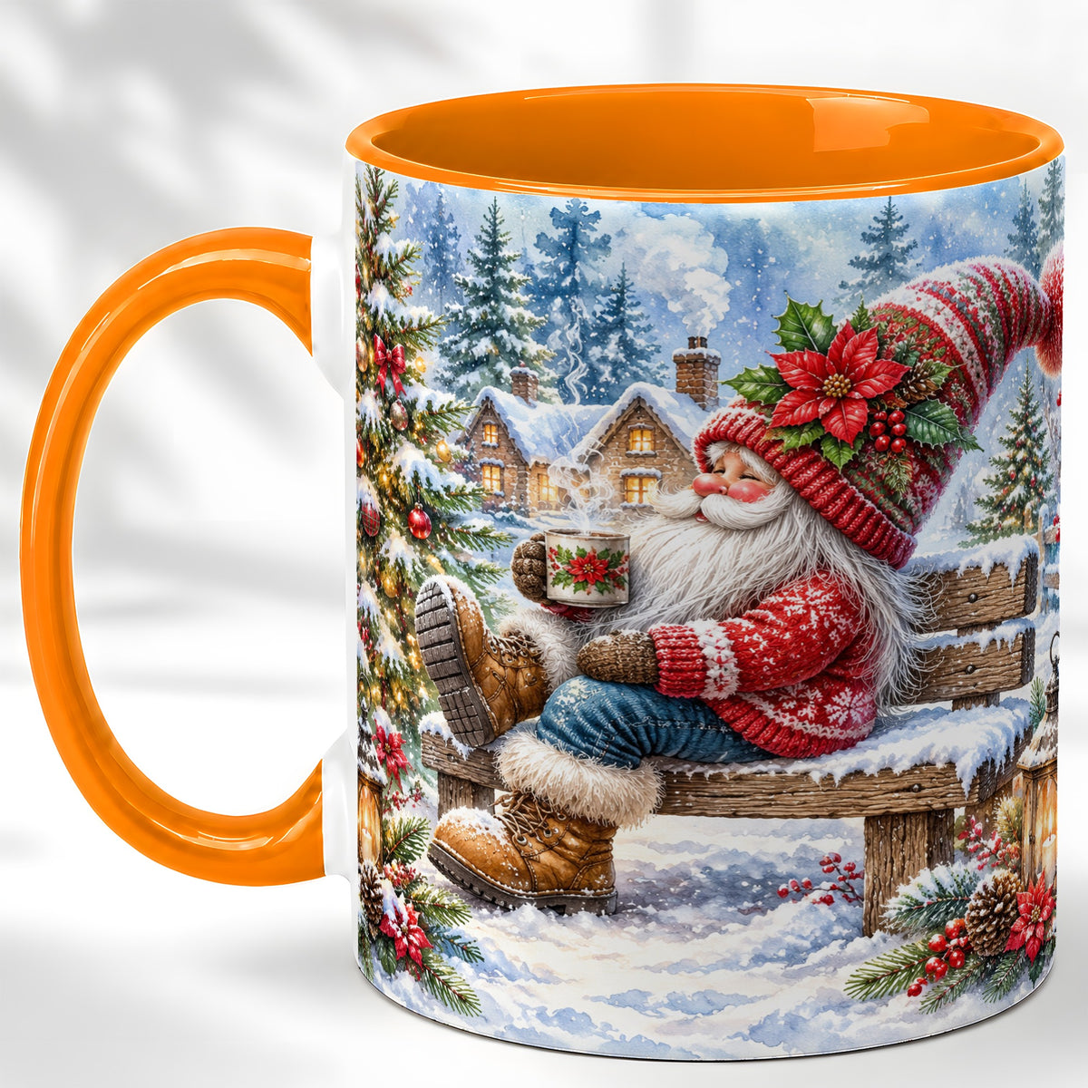 #pl[11oz|Orange] Watercolor Santa Coffee Mug, Snowy Holiday Mug, Ceramic Cup