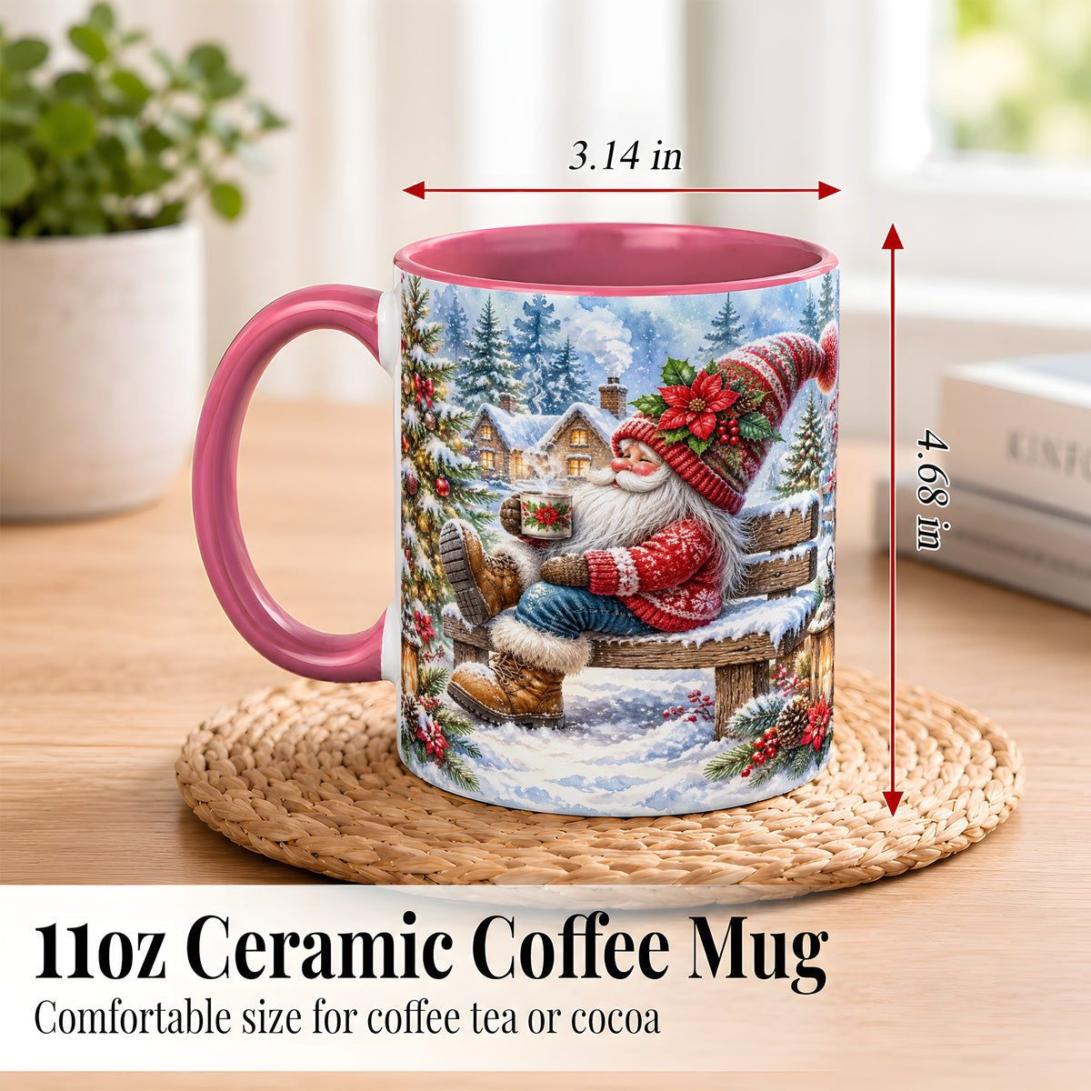 #pl[11oz|Pink] Watercolor Santa Coffee Mug, Snowy Holiday Mug, Ceramic Cup