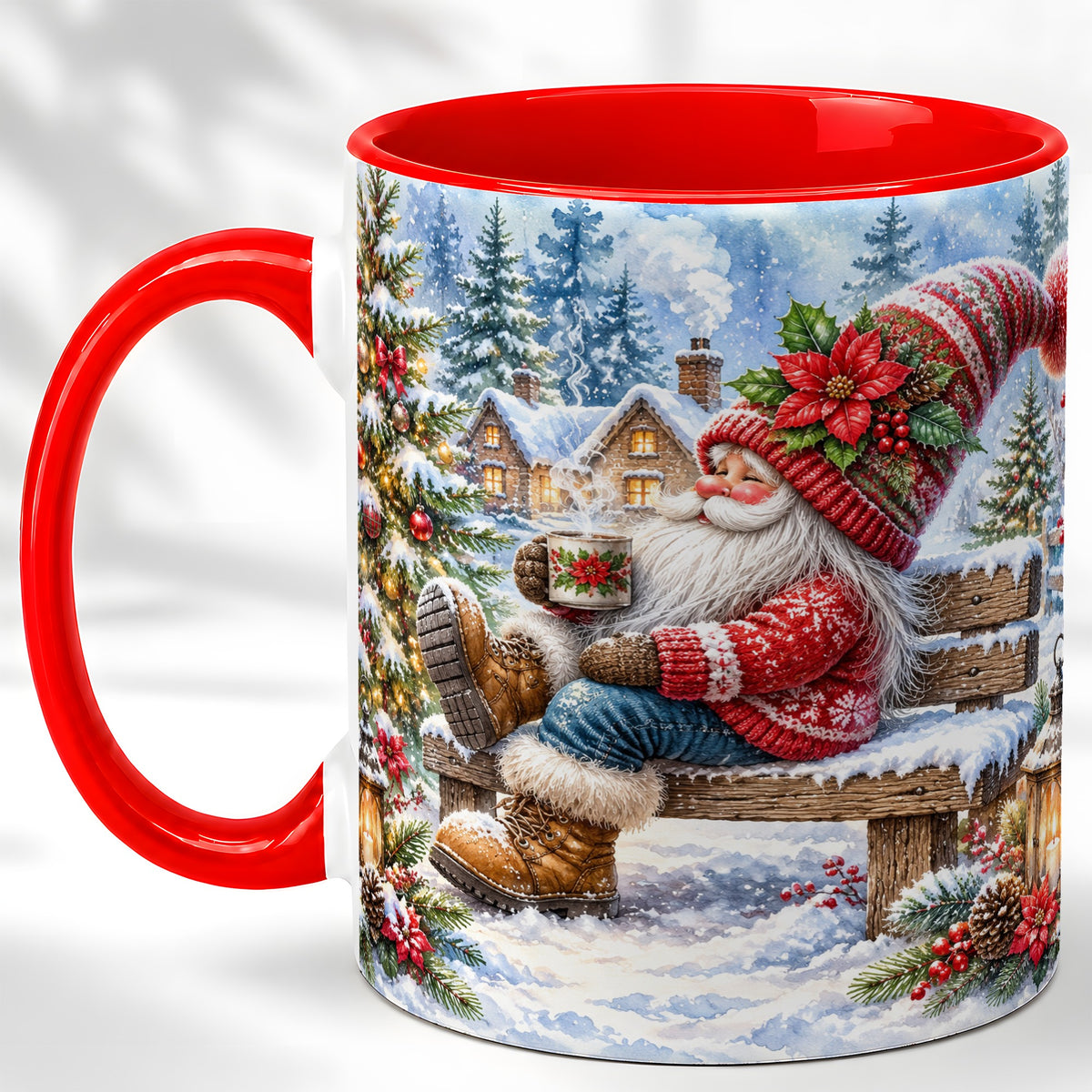 #pl[11oz|Red] Watercolor Santa Coffee Mug, Snowy Holiday Mug, Ceramic Cup