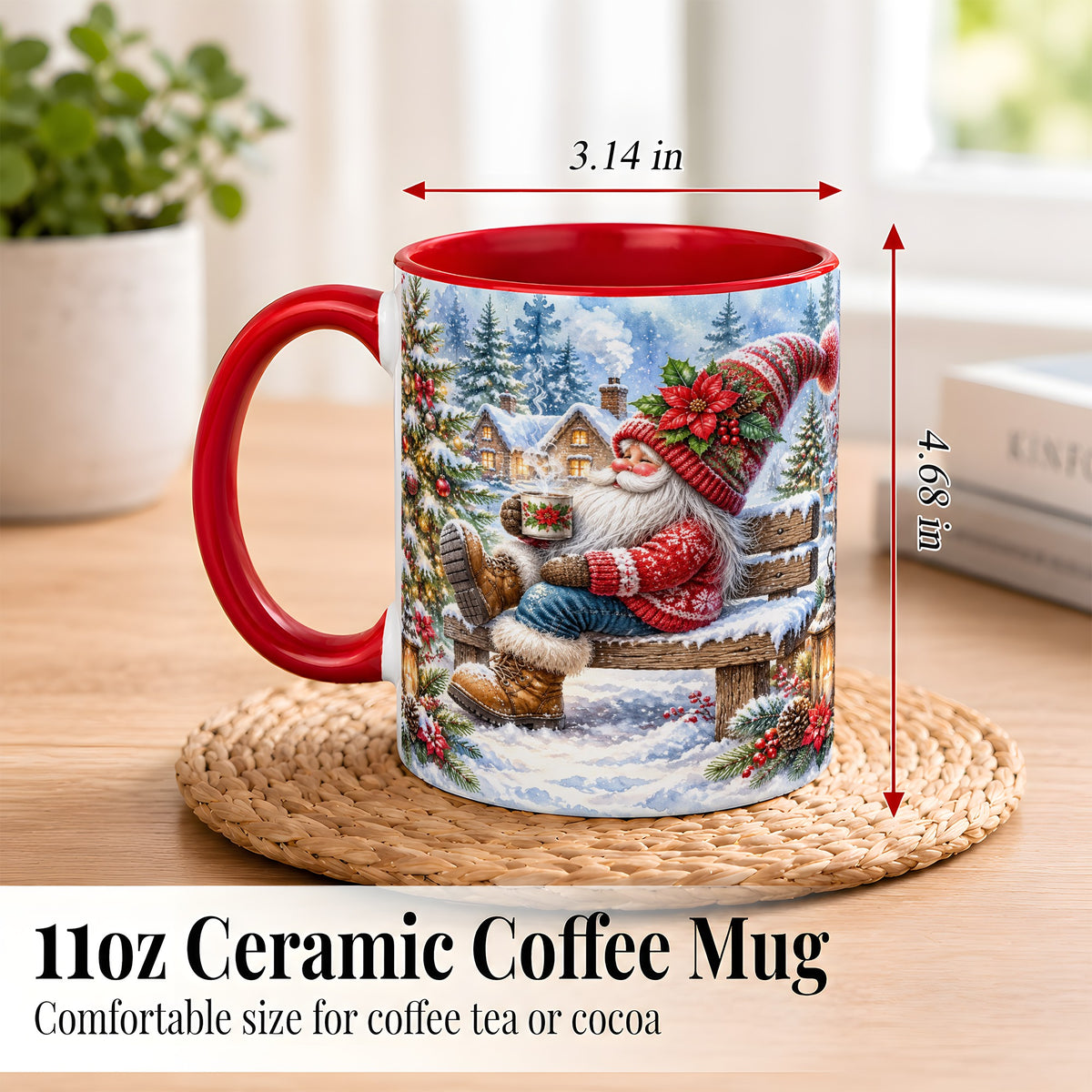 #pl[11oz|Red] Watercolor Santa Coffee Mug, Snowy Holiday Mug, Ceramic Cup