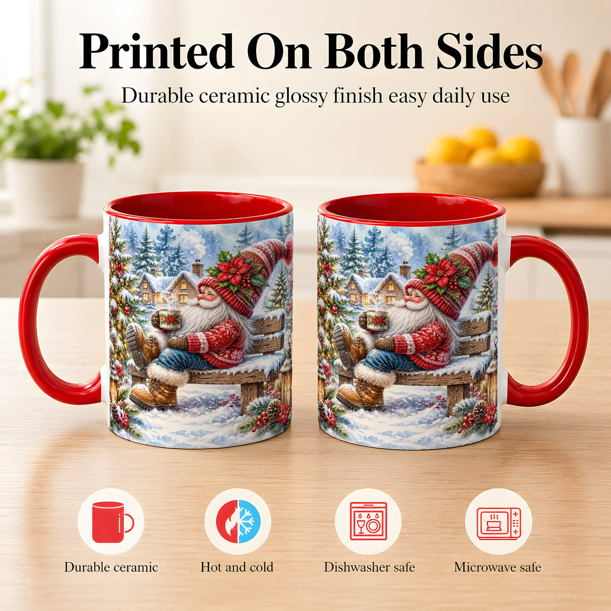 #pl[11oz|Red] Watercolor Santa Coffee Mug, Snowy Holiday Mug, Ceramic Cup