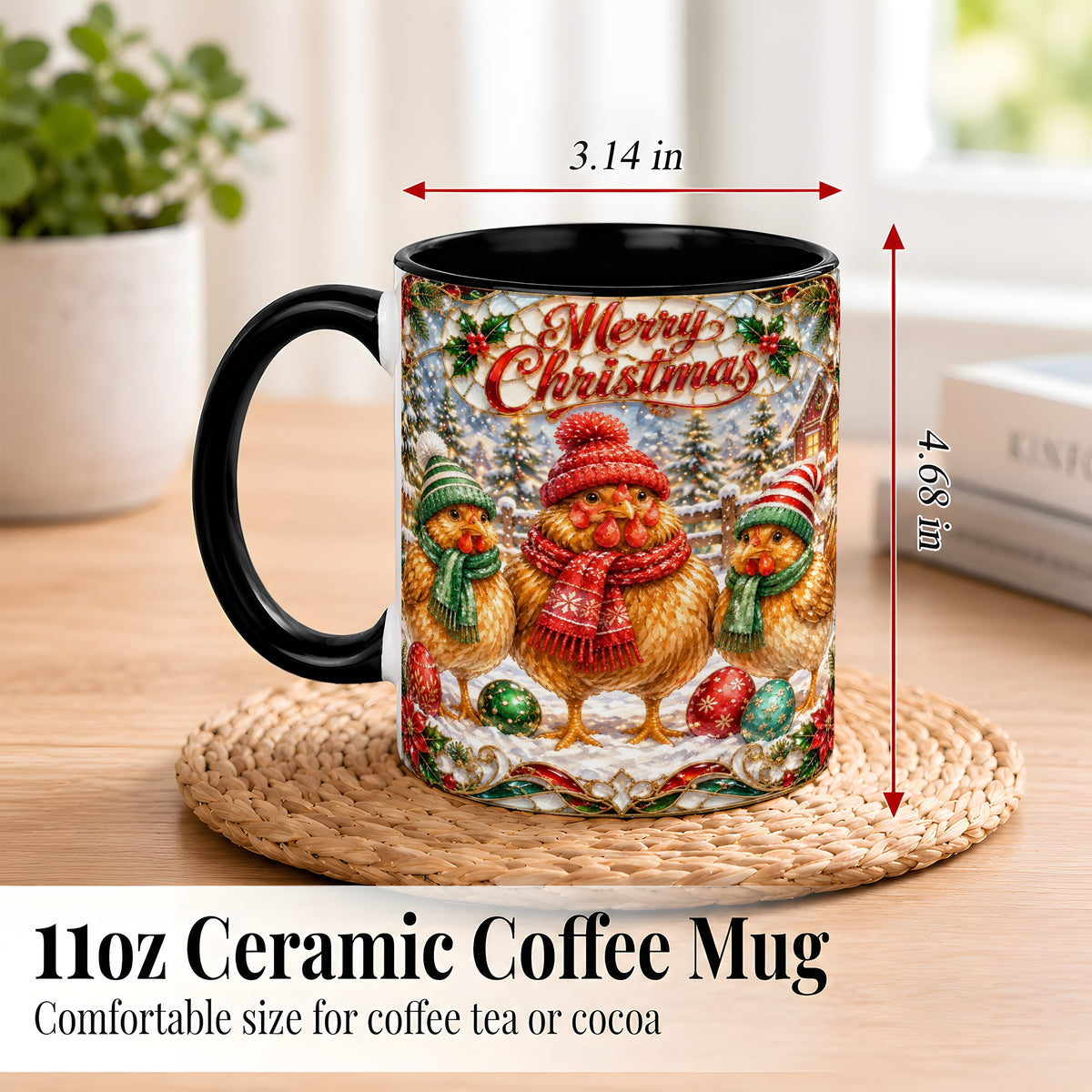 #pl[11oz|Black] Merry Christmas Chicken Coffee Mug, Holiday Hen Mug, Ceramic Cup