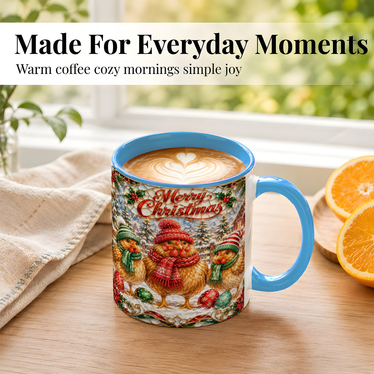 #pl[11oz|Blue] Merry Christmas Chicken Coffee Mug, Holiday Hen Mug, Ceramic Cup