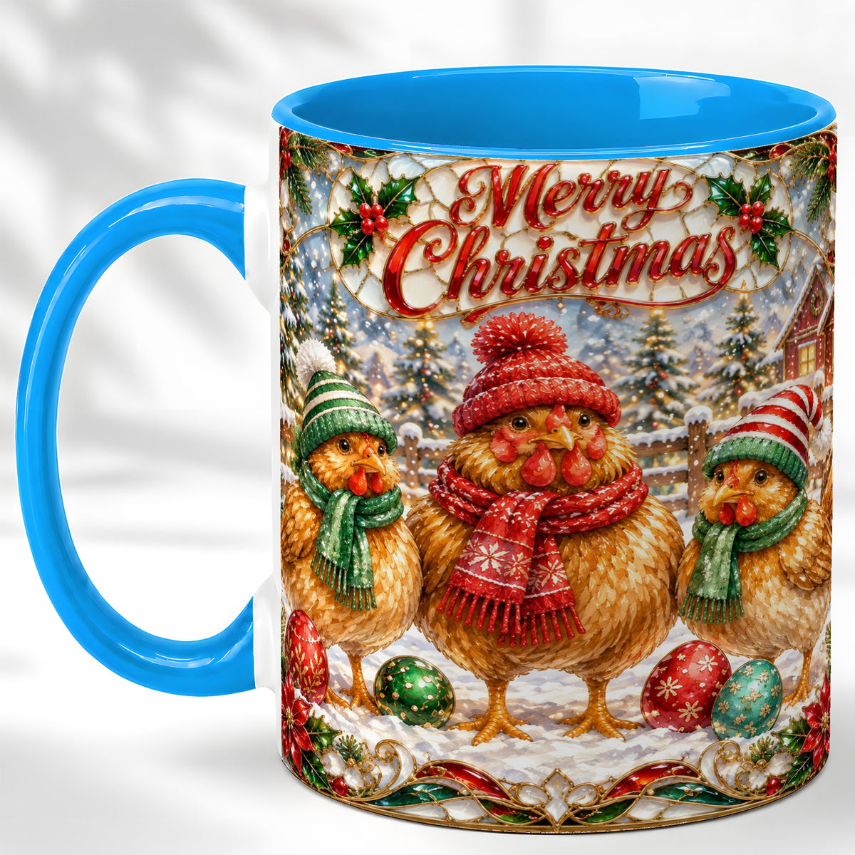 #pl[11oz|Blue] Merry Christmas Chicken Coffee Mug, Holiday Hen Mug, Ceramic Cup