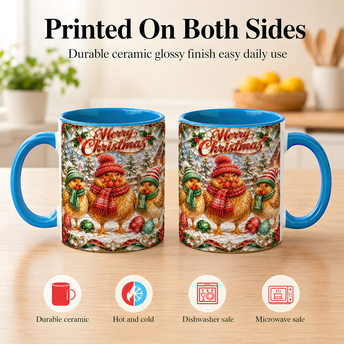 #pl[11oz|Blue] Merry Christmas Chicken Coffee Mug, Holiday Hen Mug, Ceramic Cup