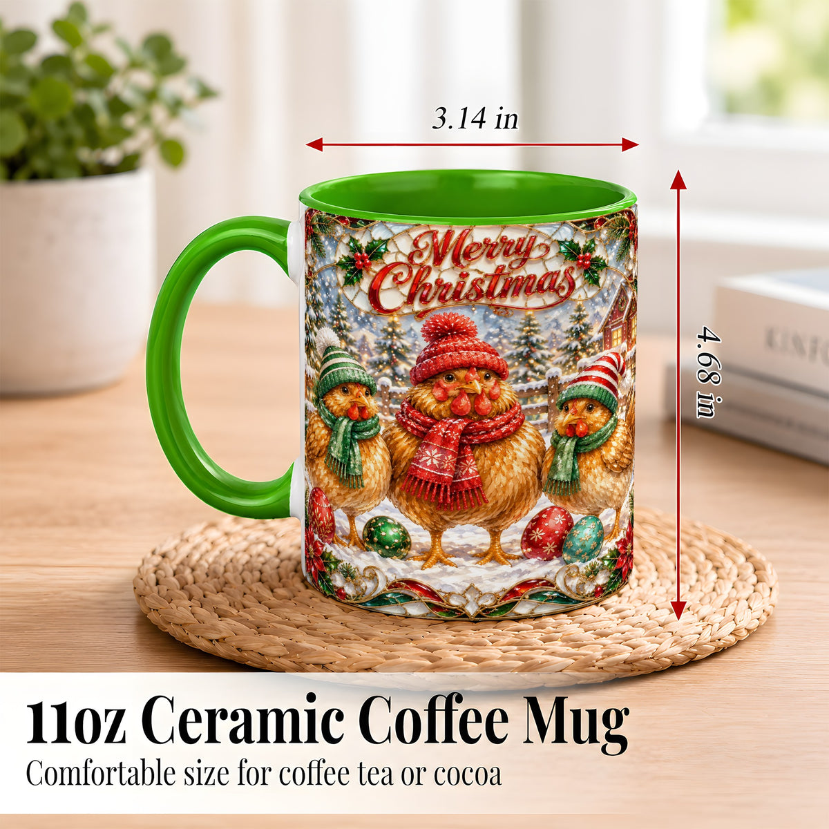 #pl[11oz|Green] Merry Christmas Chicken Coffee Mug, Holiday Hen Mug, Ceramic Cup
