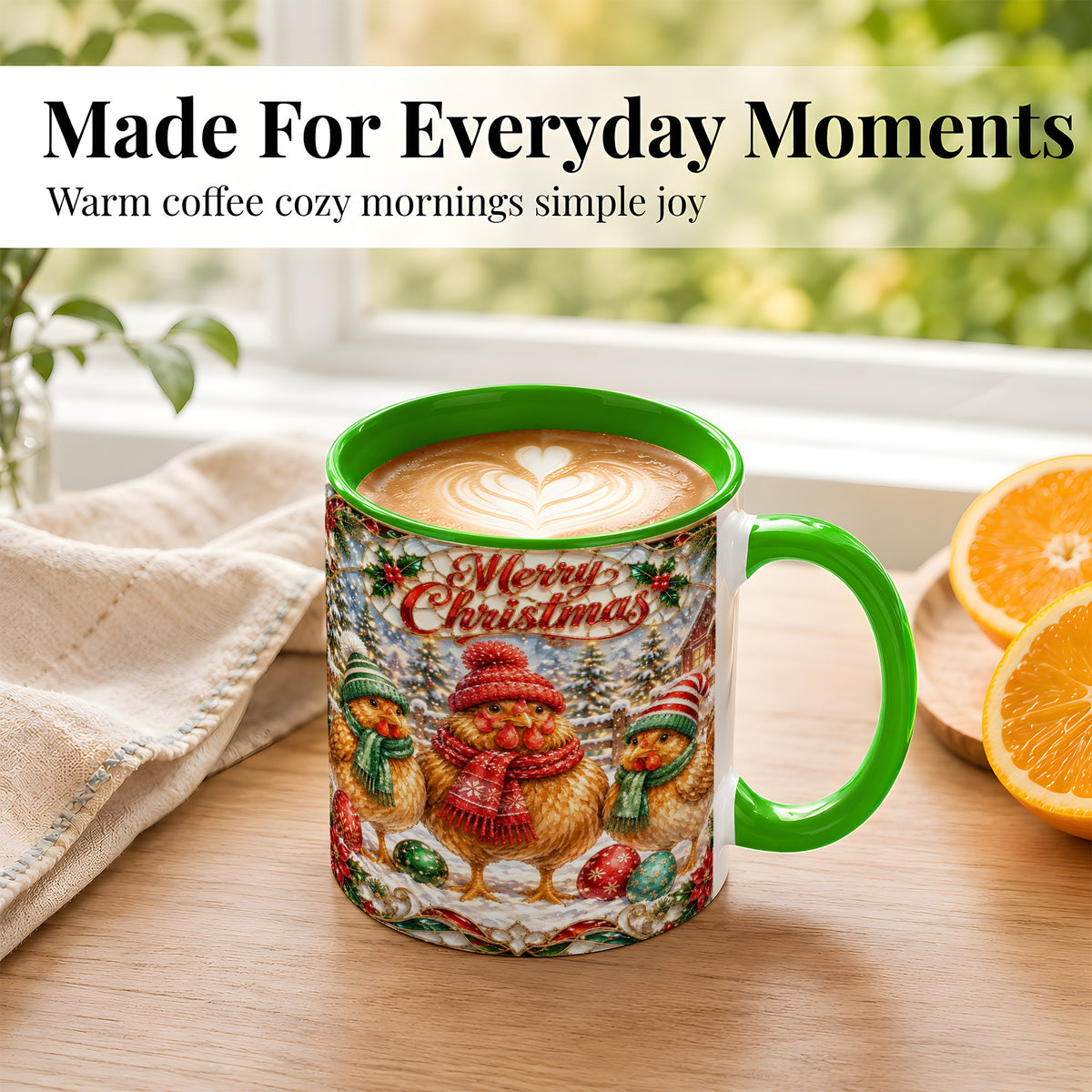 #pl[11oz|Green] Merry Christmas Chicken Coffee Mug, Holiday Hen Mug, Ceramic Cup