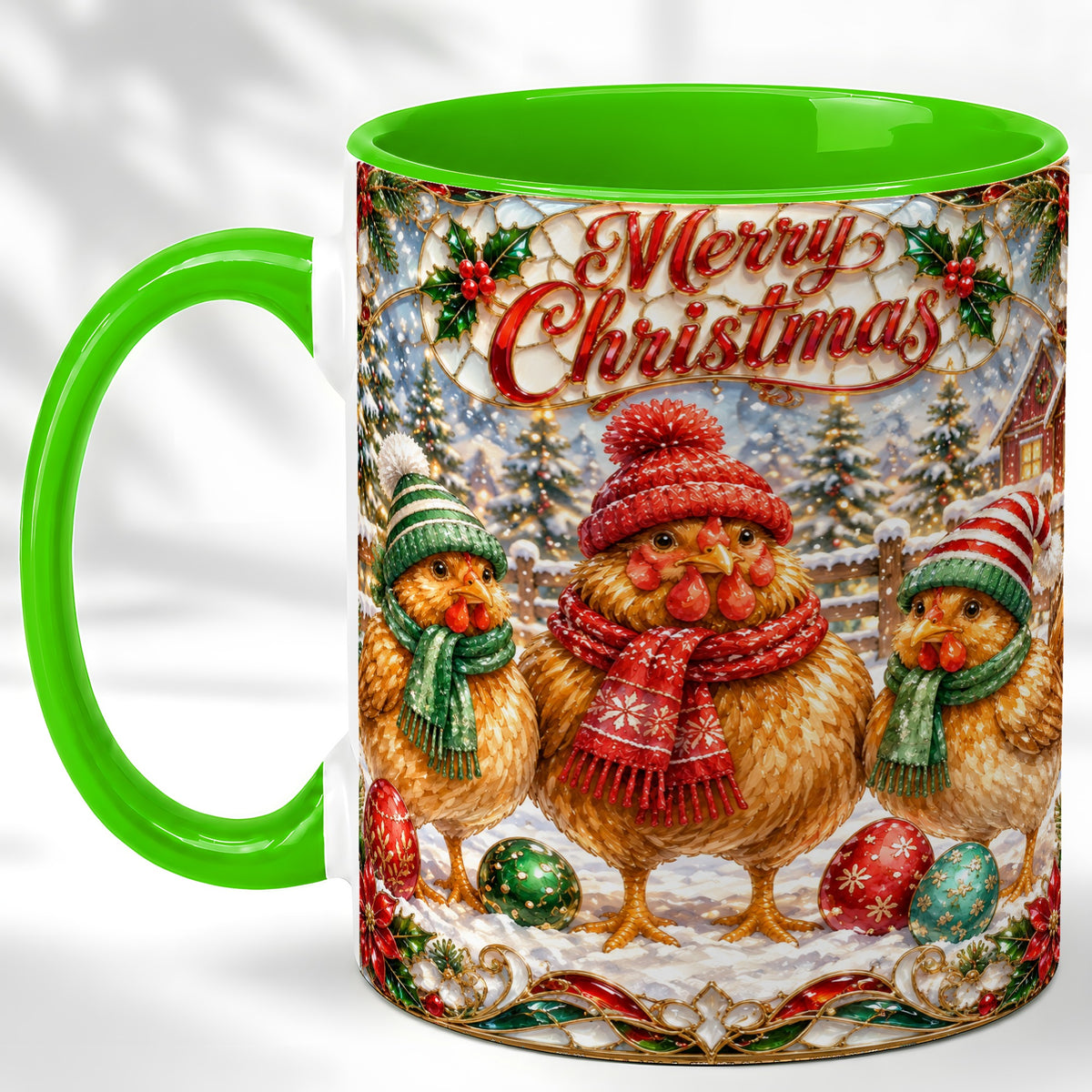 #pl[11oz|Green] Merry Christmas Chicken Coffee Mug, Holiday Hen Mug, Ceramic Cup