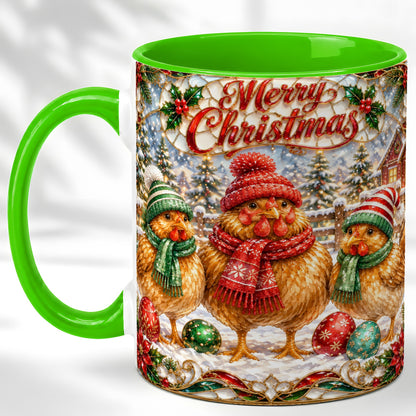 #pl[11oz|Green] Merry Christmas Chicken Coffee Mug, Holiday Hen Mug, Ceramic Cup