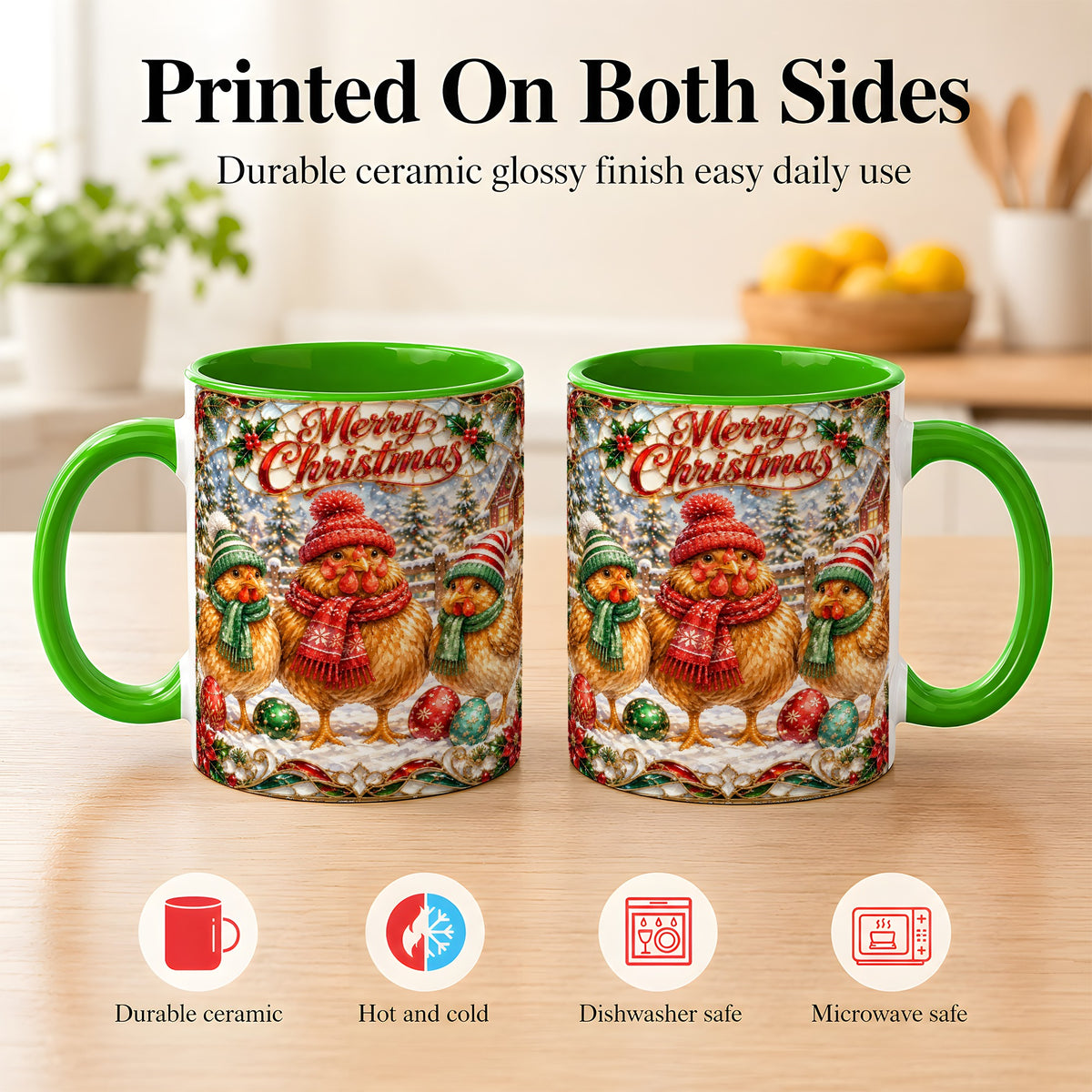 #pl[11oz|Green] Merry Christmas Chicken Coffee Mug, Holiday Hen Mug, Ceramic Cup