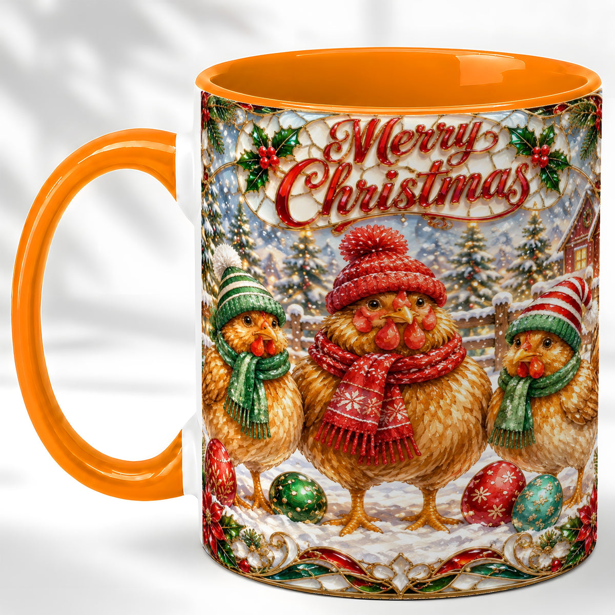 #pl[11oz|Orange] Merry Christmas Chicken Coffee Mug, Holiday Hen Mug, Ceramic Cup