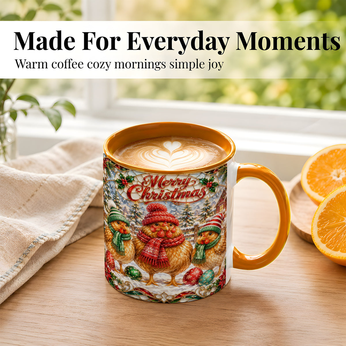 #pl[11oz|Orange] Merry Christmas Chicken Coffee Mug, Holiday Hen Mug, Ceramic Cup