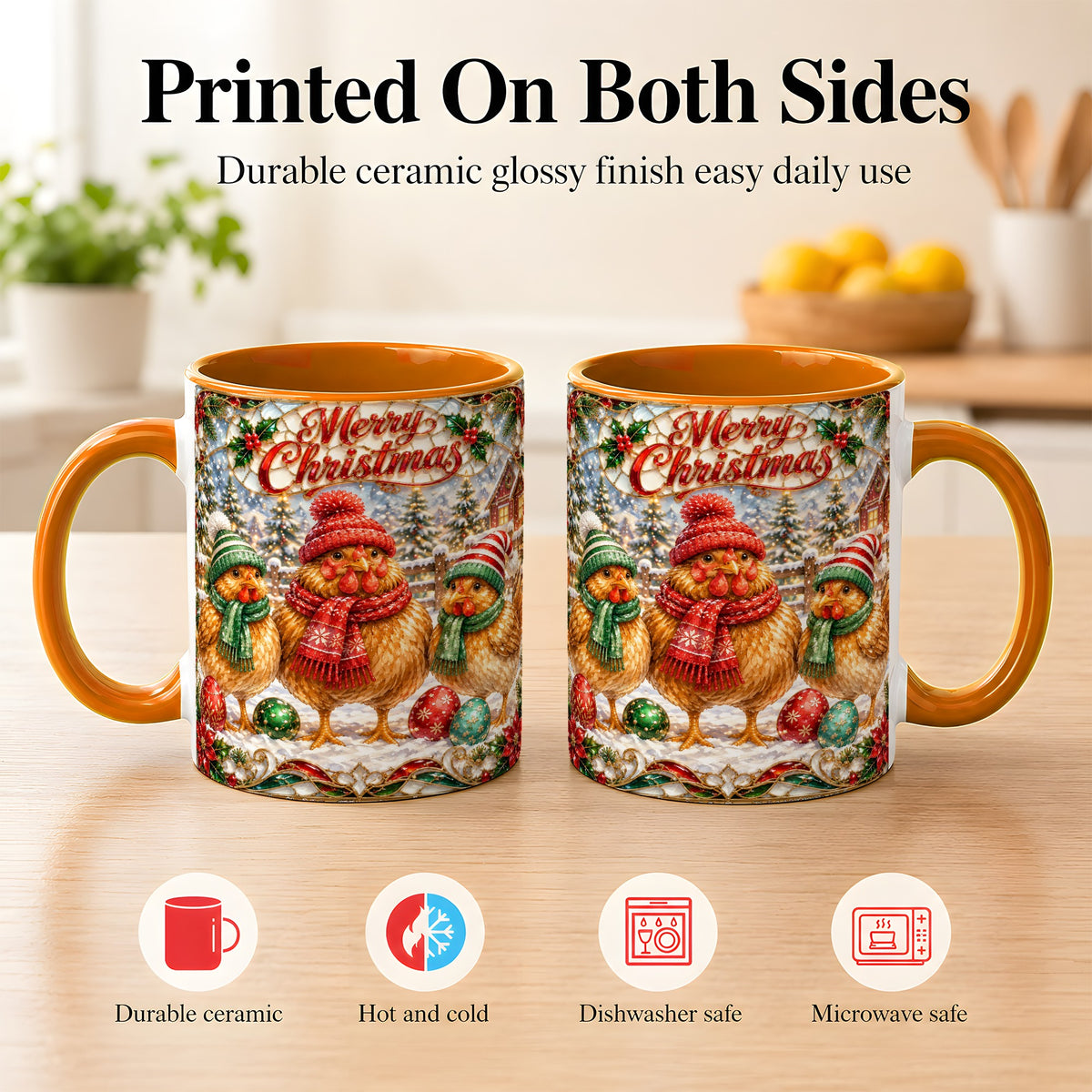 #pl[11oz|Orange] Merry Christmas Chicken Coffee Mug, Holiday Hen Mug, Ceramic Cup