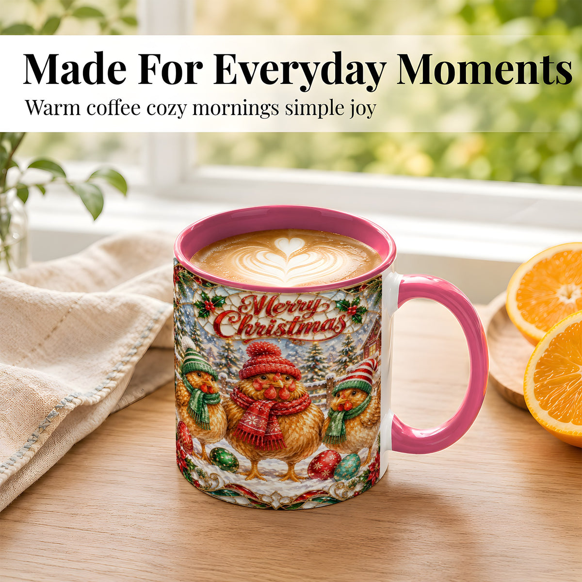 #pl[11oz|Pink] Merry Christmas Chicken Coffee Mug, Holiday Hen Mug, Ceramic Cup