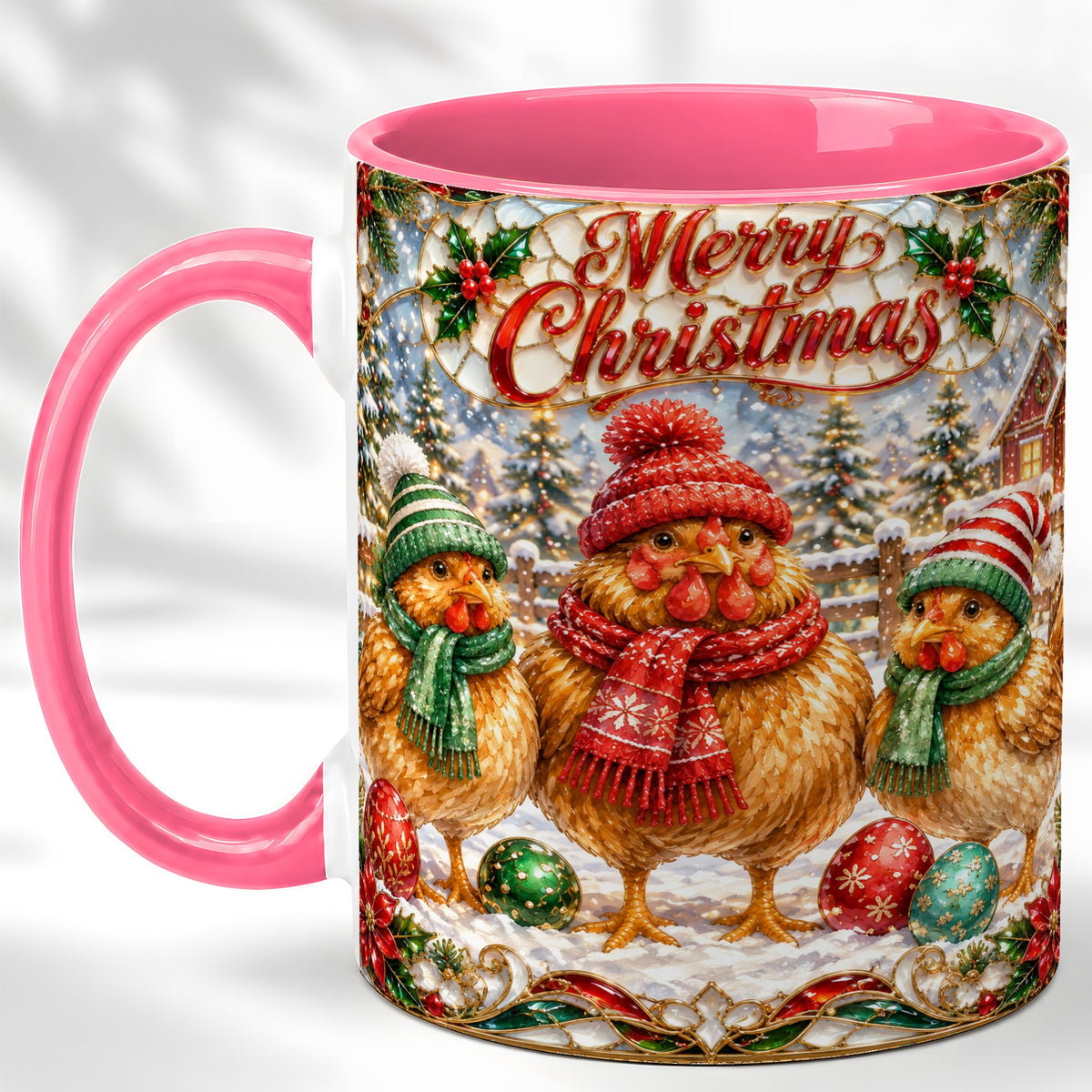 #pl[11oz|Pink] Merry Christmas Chicken Coffee Mug, Holiday Hen Mug, Ceramic Cup
