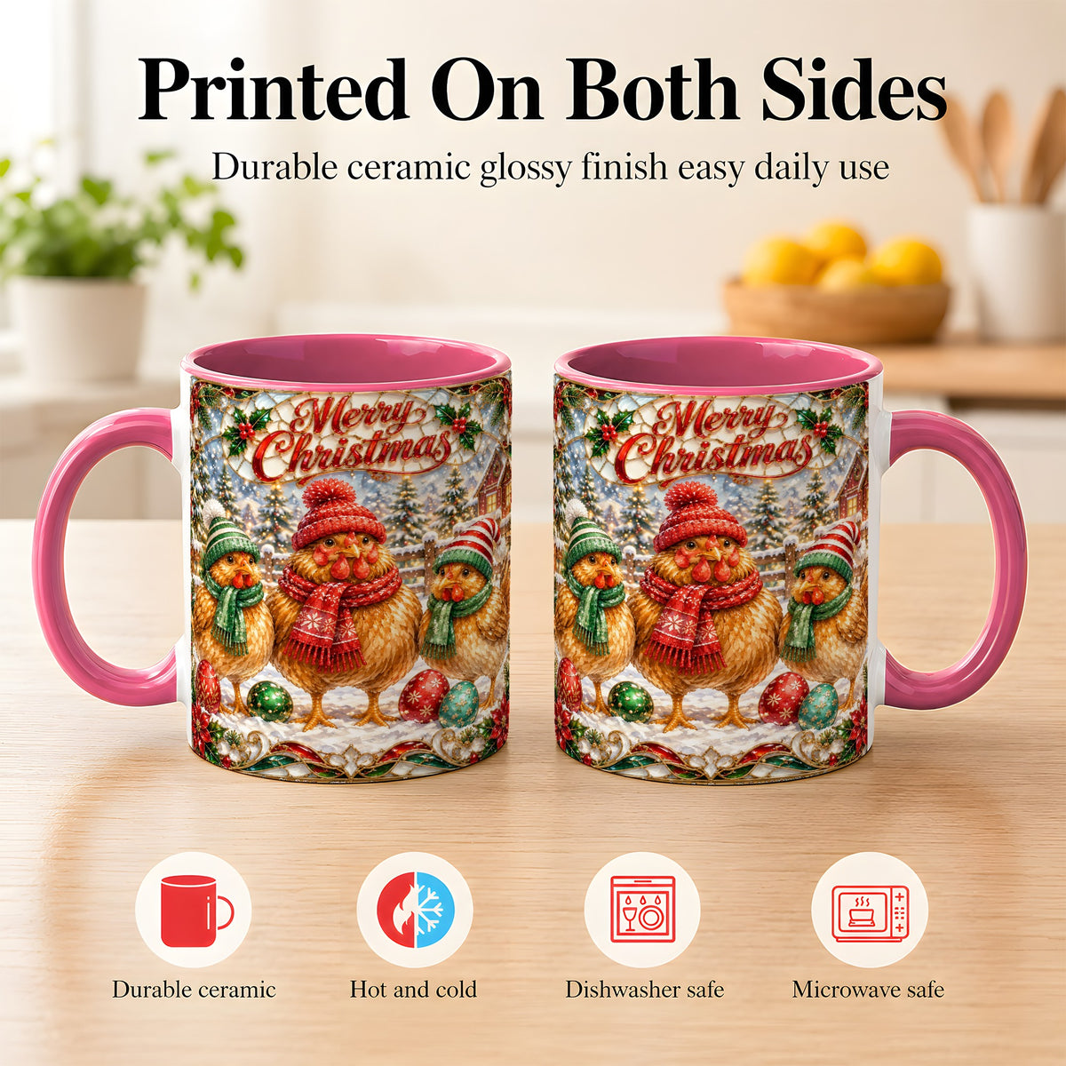 #pl[11oz|Pink] Merry Christmas Chicken Coffee Mug, Holiday Hen Mug, Ceramic Cup