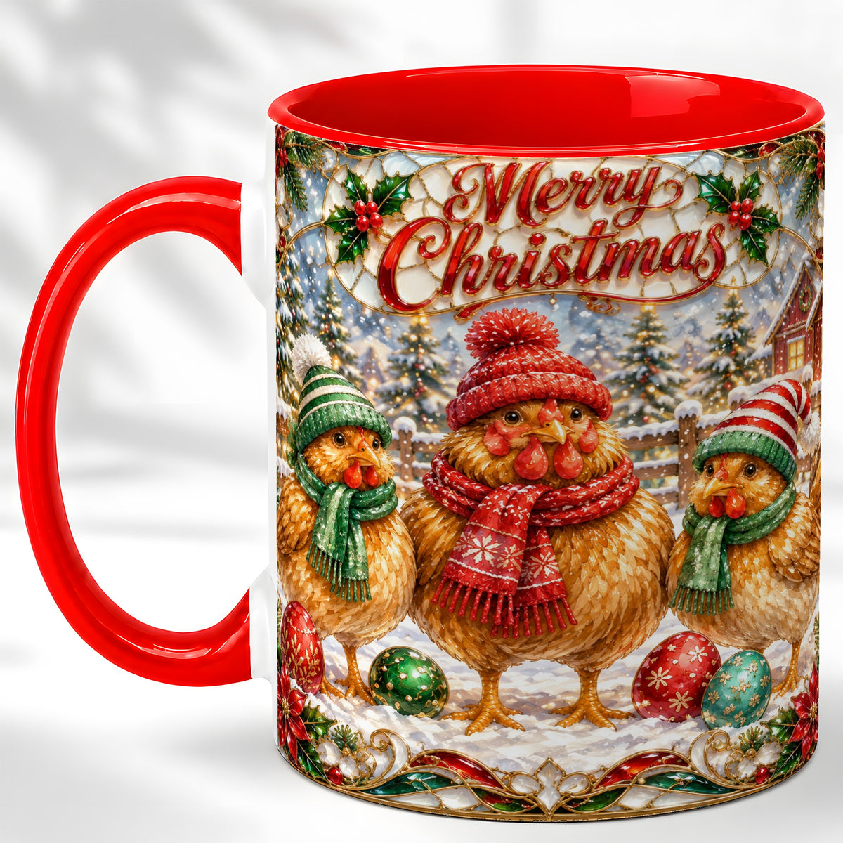 #pl[11oz|Red] Merry Christmas Chicken Coffee Mug, Holiday Hen Mug, Ceramic Cup