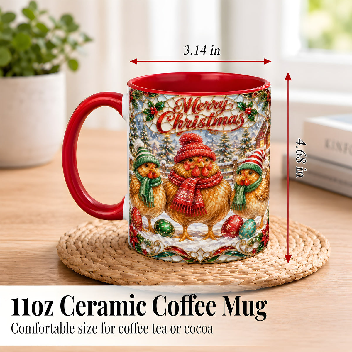 #pl[11oz|Red] Merry Christmas Chicken Coffee Mug, Holiday Hen Mug, Ceramic Cup