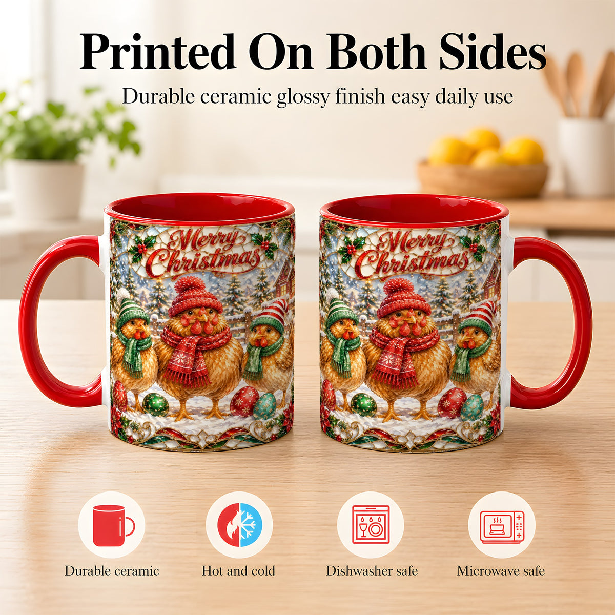 #pl[11oz|Red] Merry Christmas Chicken Coffee Mug, Holiday Hen Mug, Ceramic Cup