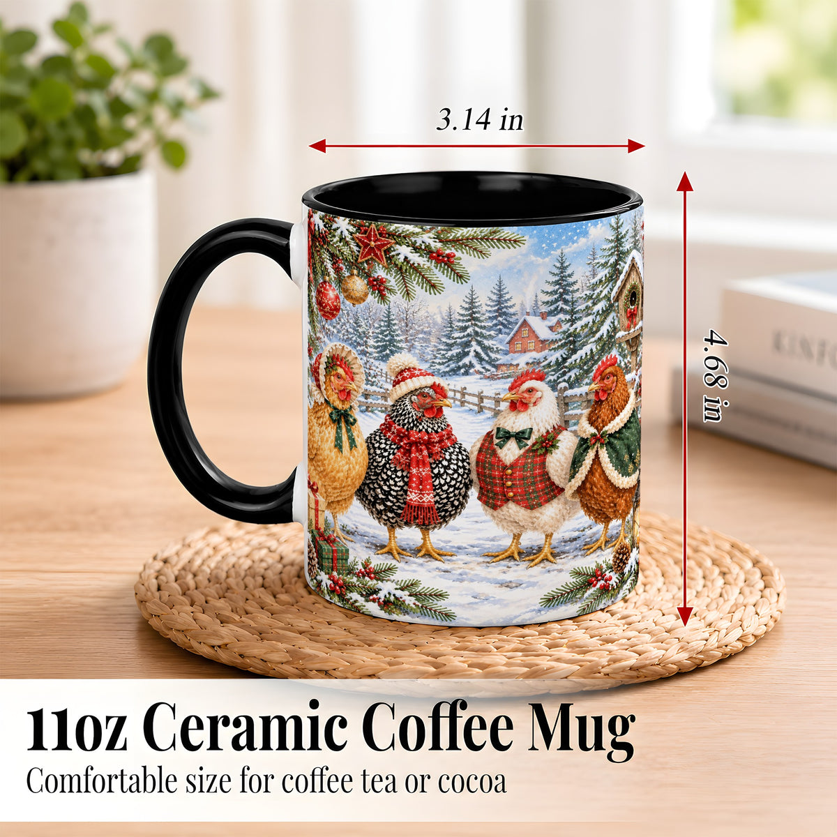 #pl[11oz|Black] Vintage Christmas Chicken Coffee Mug, Winter Hen Mug, Ceramic Cup