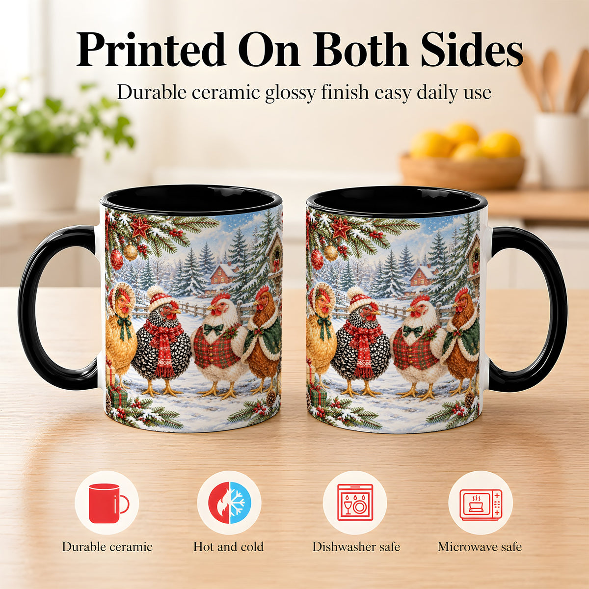 #pl[11oz|Black] Vintage Christmas Chicken Coffee Mug, Winter Hen Mug, Ceramic Cup
