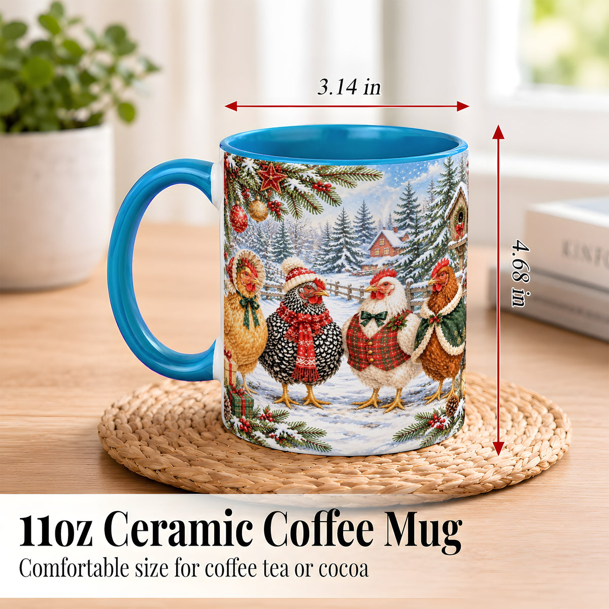 #pl[11oz|Blue] Vintage Christmas Chicken Coffee Mug, Winter Hen Mug, Ceramic Cup