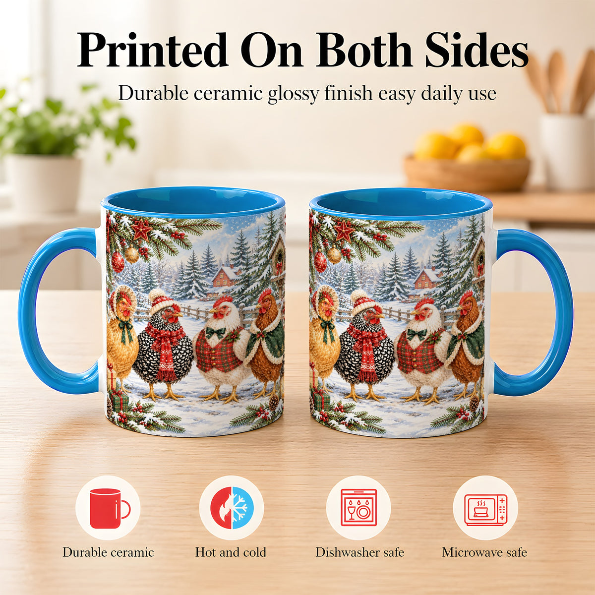 #pl[11oz|Blue] Vintage Christmas Chicken Coffee Mug, Winter Hen Mug, Ceramic Cup
