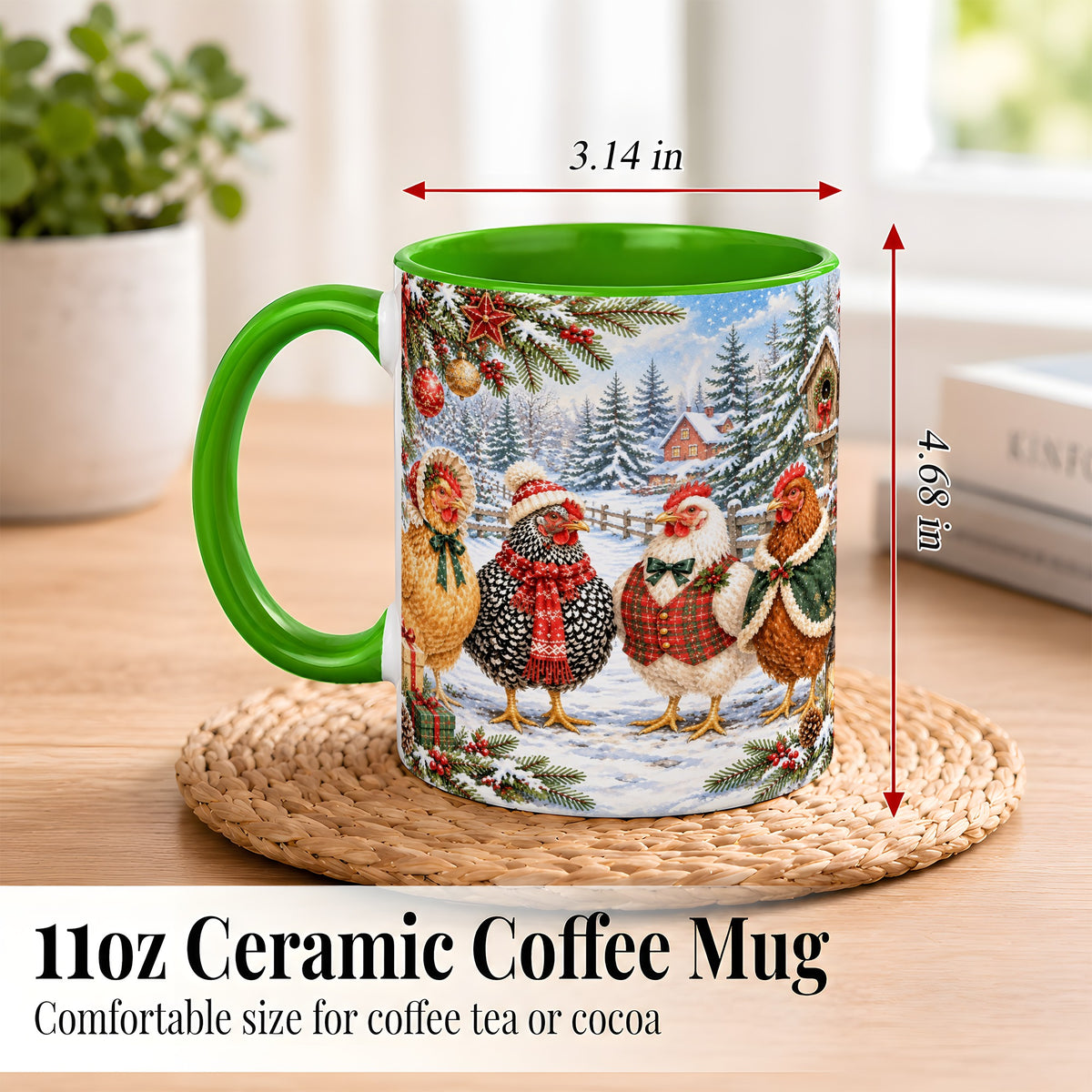 #pl[11oz|Green] Vintage Christmas Chicken Coffee Mug, Winter Hen Mug, Ceramic Cup
