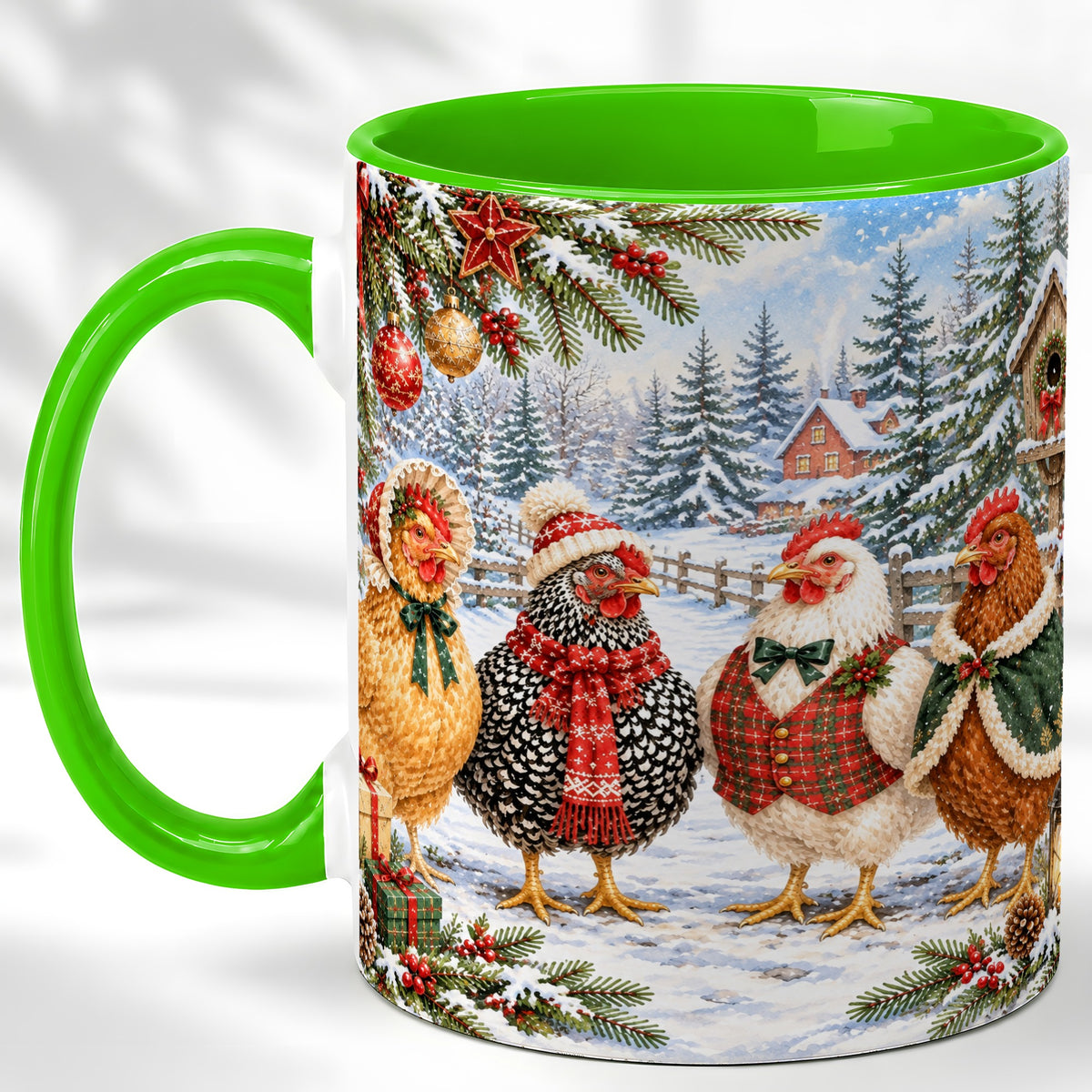 #pl[11oz|Green] Vintage Christmas Chicken Coffee Mug, Winter Hen Mug, Ceramic Cup