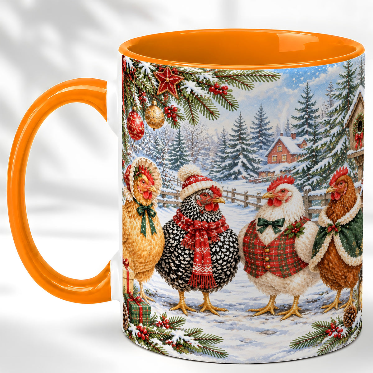 #pl[11oz|Orange] Vintage Christmas Chicken Coffee Mug, Winter Hen Mug, Ceramic Cup