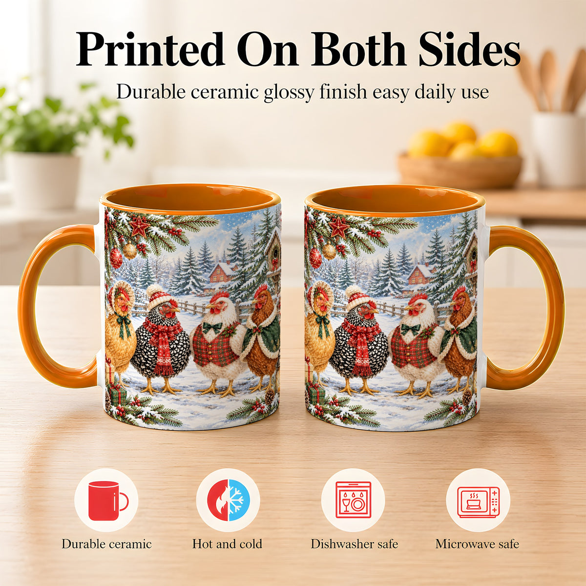 #pl[11oz|Orange] Vintage Christmas Chicken Coffee Mug, Winter Hen Mug, Ceramic Cup