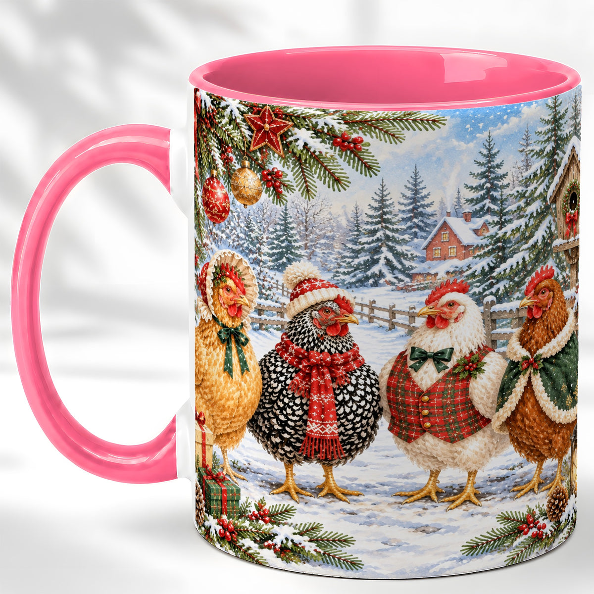 #pl[11oz|Pink] Vintage Christmas Chicken Coffee Mug, Winter Hen Mug, Ceramic Cup