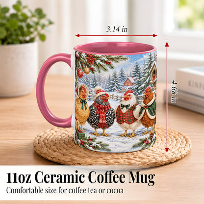 #pl[11oz|Pink] Vintage Christmas Chicken Coffee Mug, Winter Hen Mug, Ceramic Cup