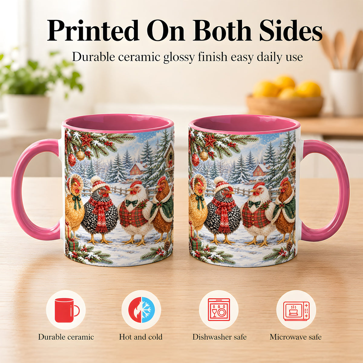 #pl[11oz|Pink] Vintage Christmas Chicken Coffee Mug, Winter Hen Mug, Ceramic Cup