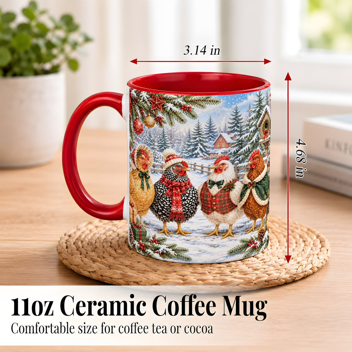#pl[11oz|Red] Vintage Christmas Chicken Coffee Mug, Winter Hen Mug, Ceramic Cup
