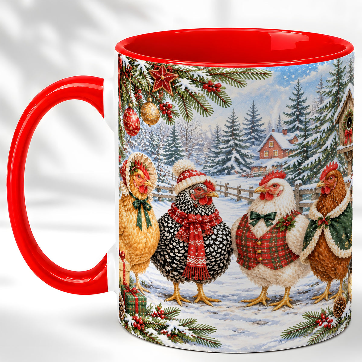 #pl[11oz|Red] Vintage Christmas Chicken Coffee Mug, Winter Hen Mug, Ceramic Cup