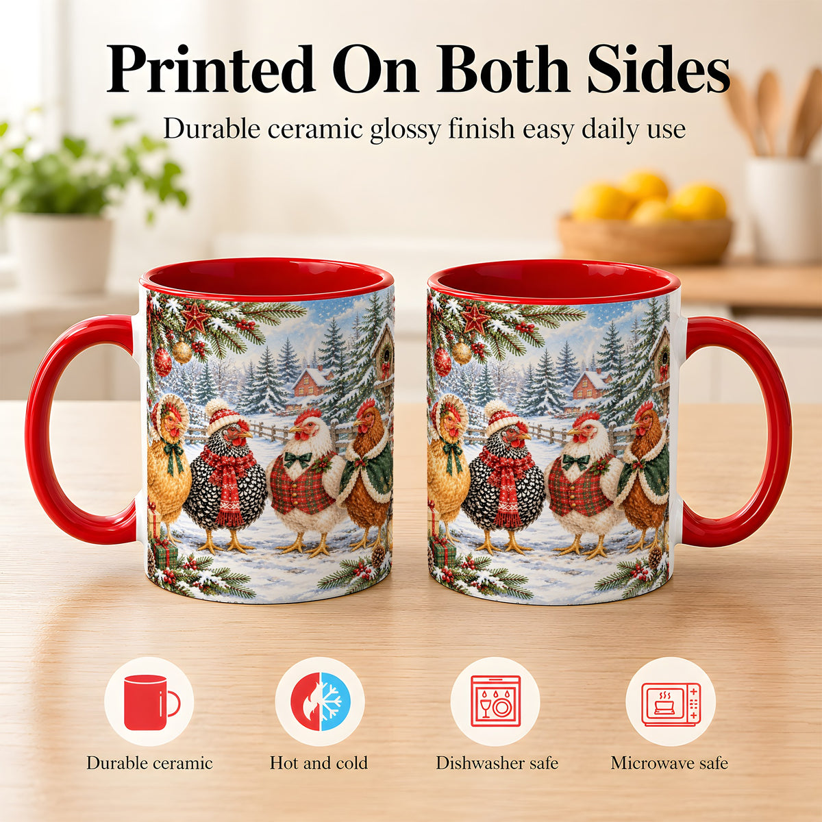#pl[11oz|Red] Vintage Christmas Chicken Coffee Mug, Winter Hen Mug, Ceramic Cup