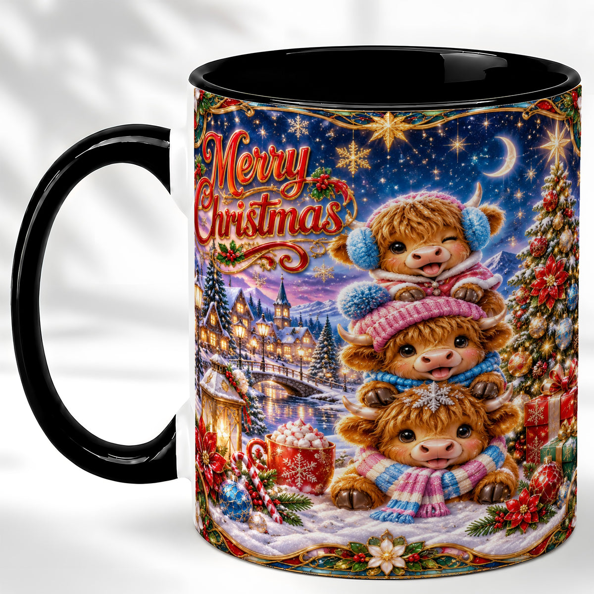 #pl[11oz|Black] Christmas Highland Cow Coffee Mug, Cute Cow Mug, Ceramic Cup
