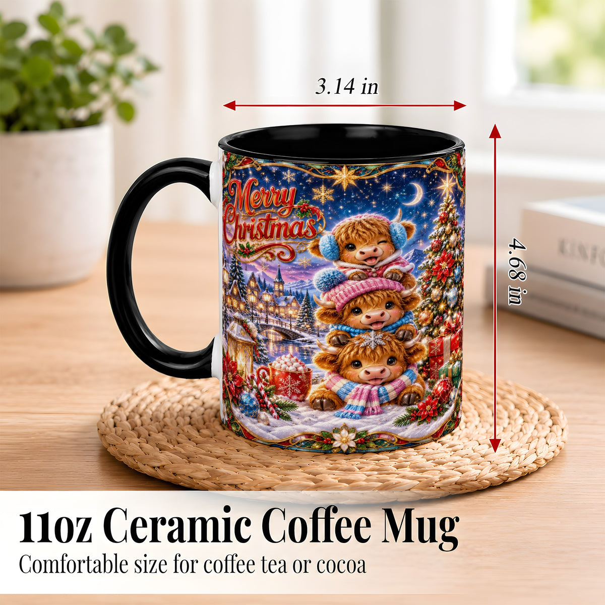 #pl[11oz|Black] Christmas Highland Cow Coffee Mug, Cute Cow Mug, Ceramic Cup