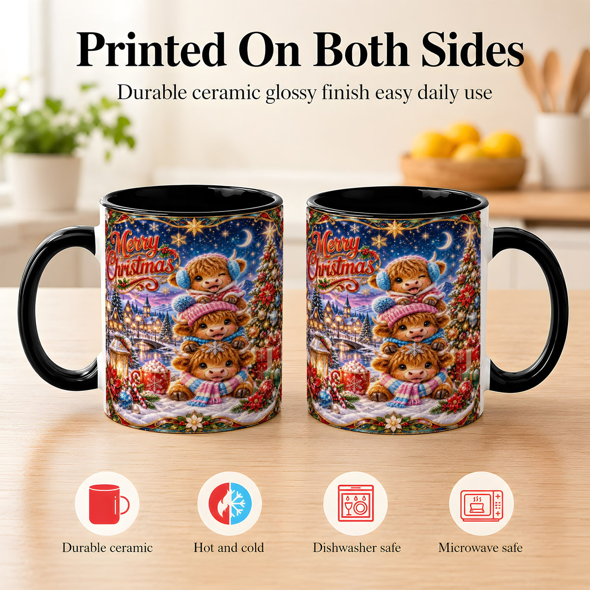 #pl[11oz|Black] Christmas Highland Cow Coffee Mug, Cute Cow Mug, Ceramic Cup