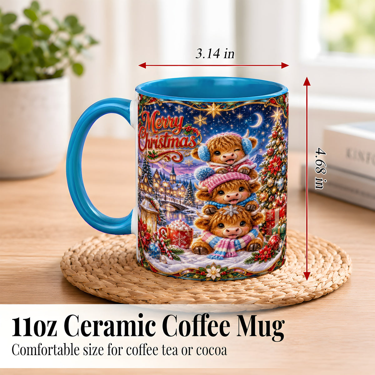#pl[11oz|Blue] Christmas Highland Cow Coffee Mug, Cute Cow Mug, Ceramic Cup