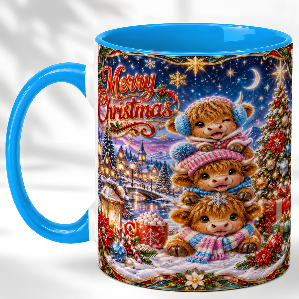 #pl[11oz|Blue] Christmas Highland Cow Coffee Mug, Cute Cow Mug, Ceramic Cup