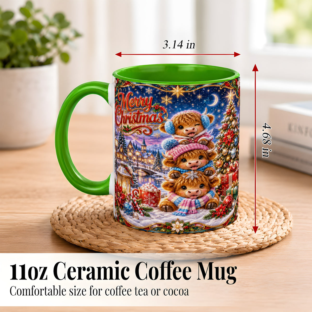 #pl[11oz|Green] Christmas Highland Cow Coffee Mug, Cute Cow Mug, Ceramic Cup