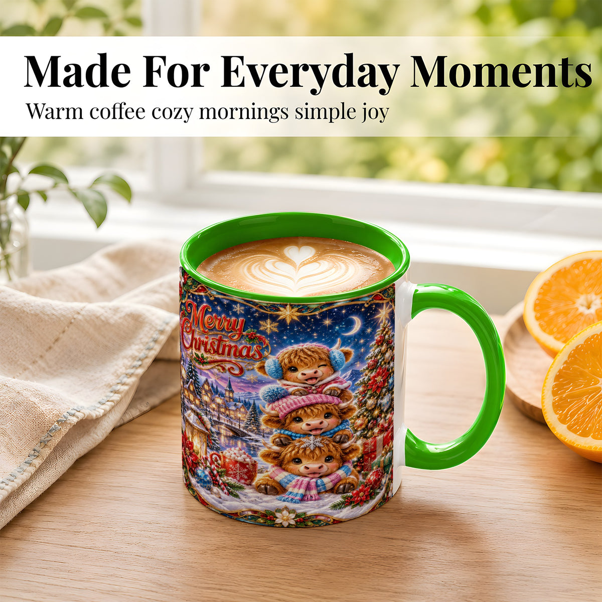 #pl[11oz|Green] Christmas Highland Cow Coffee Mug, Cute Cow Mug, Ceramic Cup