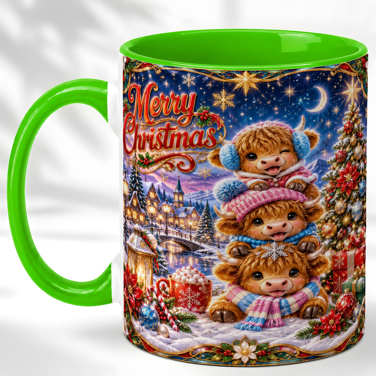 #pl[11oz|Green] Christmas Highland Cow Coffee Mug, Cute Cow Mug, Ceramic Cup