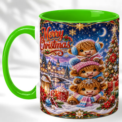 #pl[11oz|Green] Christmas Highland Cow Coffee Mug, Cute Cow Mug, Ceramic Cup