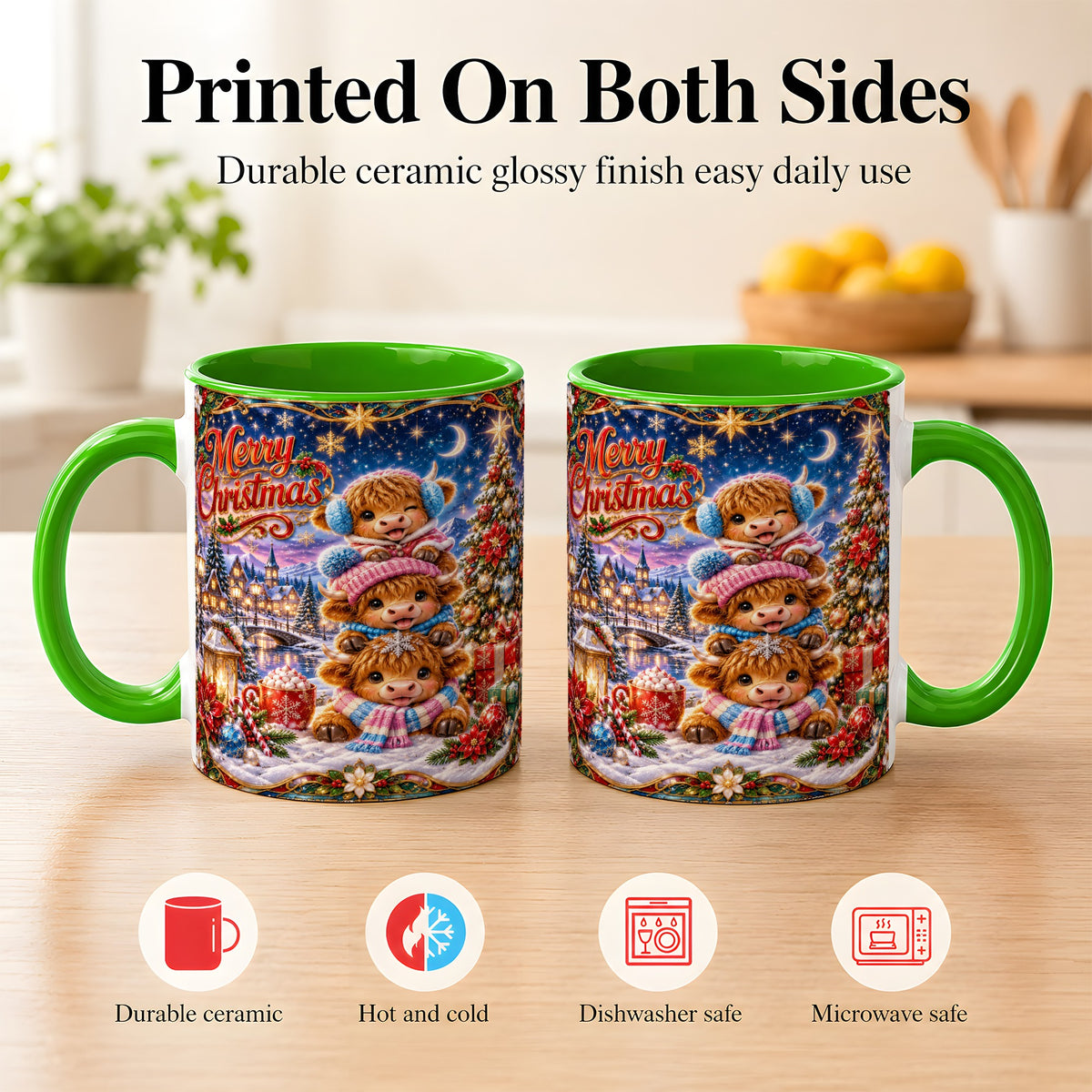 #pl[11oz|Green] Christmas Highland Cow Coffee Mug, Cute Cow Mug, Ceramic Cup